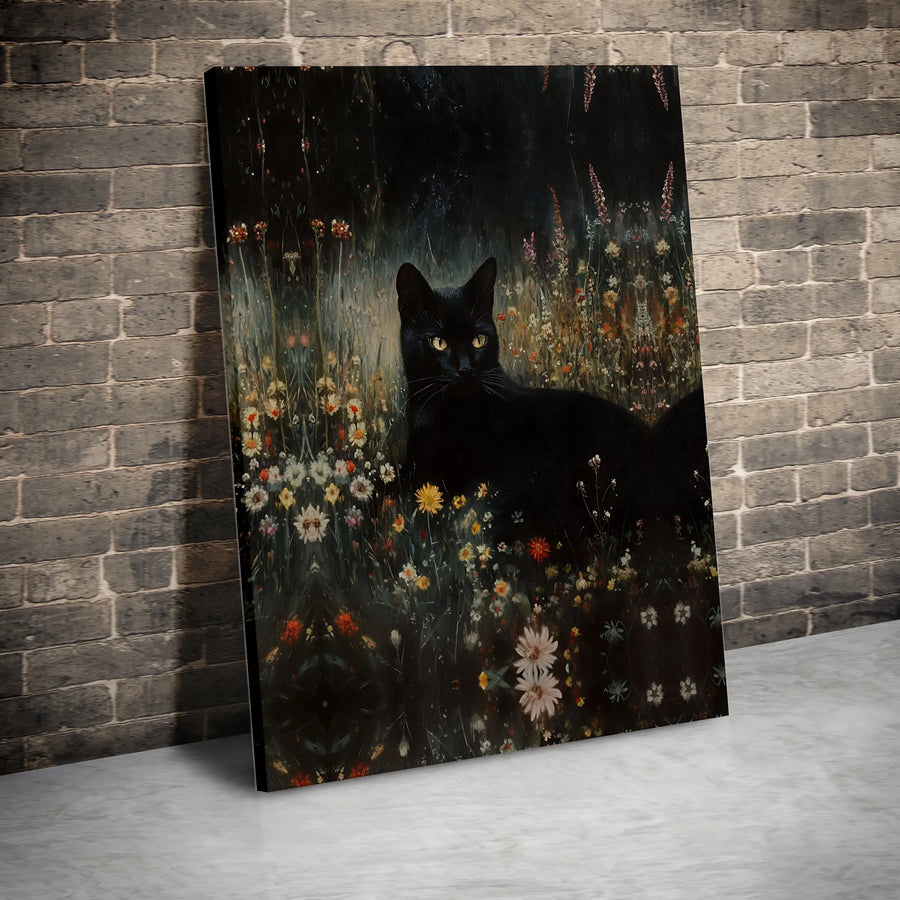 Black Cat Canvas Wall Art | Moody Floral Painting in Wildflower Meadow | Premium Gallery Wrap | Collector's Gift for Cat Lover