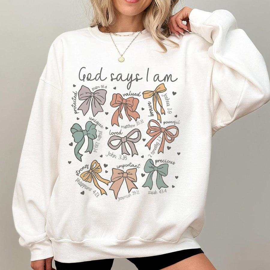 God Says I Am Loved Sweatshirt | Aesthetic Bow Bible Verse Design | Premium Cotton Blend | Christian Faith Gift For Her And Teens