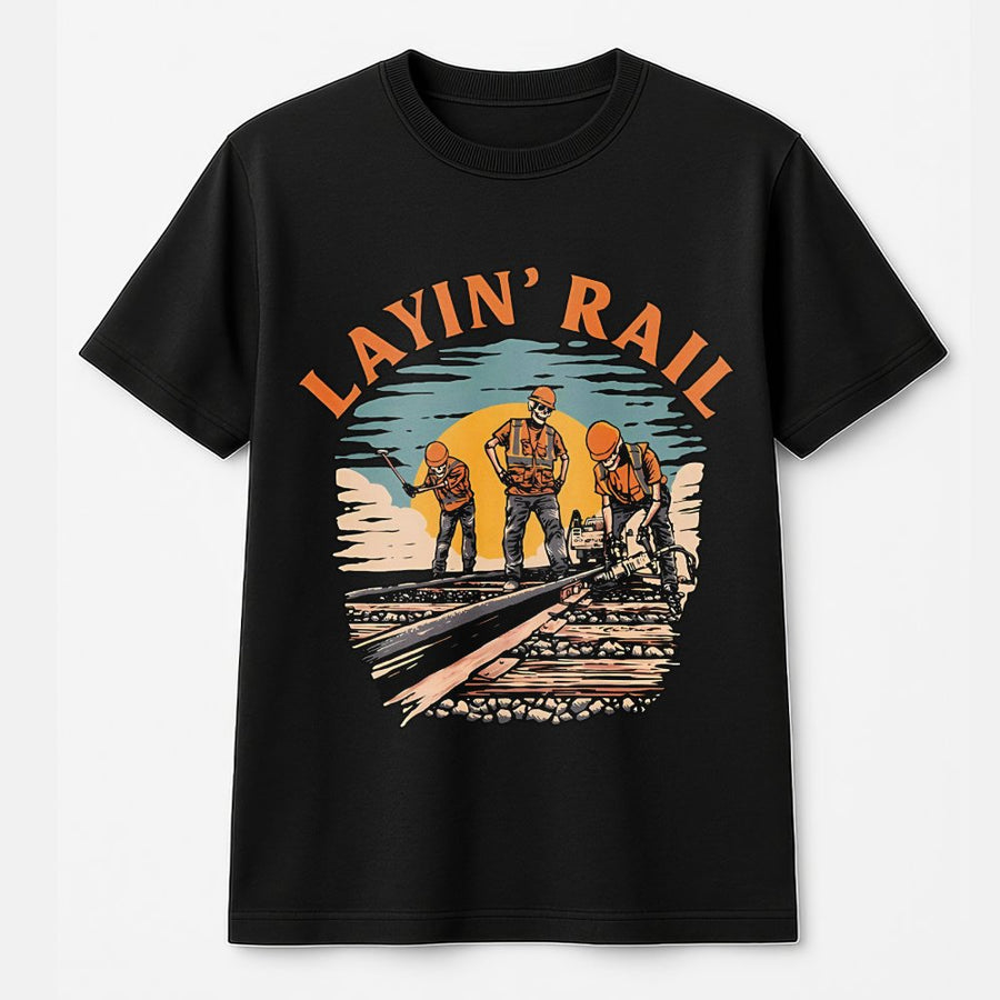 Railroad Worker T-Shirt | Layin' Rail Vintage Track Crew Design | Premium 100% Cotton Tee | Gift for Train Enthusiasts and Rail Employees
