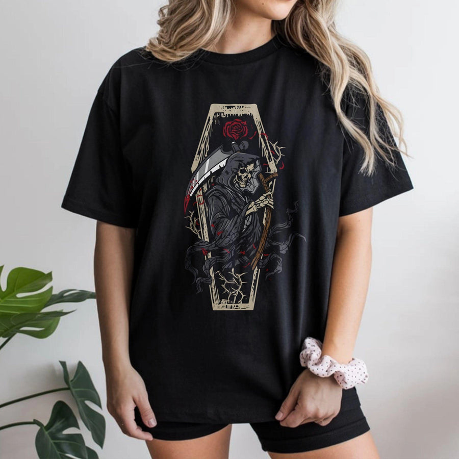 Grim Reaper T-Shirt | Gothic Coffin and Rose Graphic Print | Premium 100% Cotton | Dark Fantasy Apparel Gift for Men and Women
