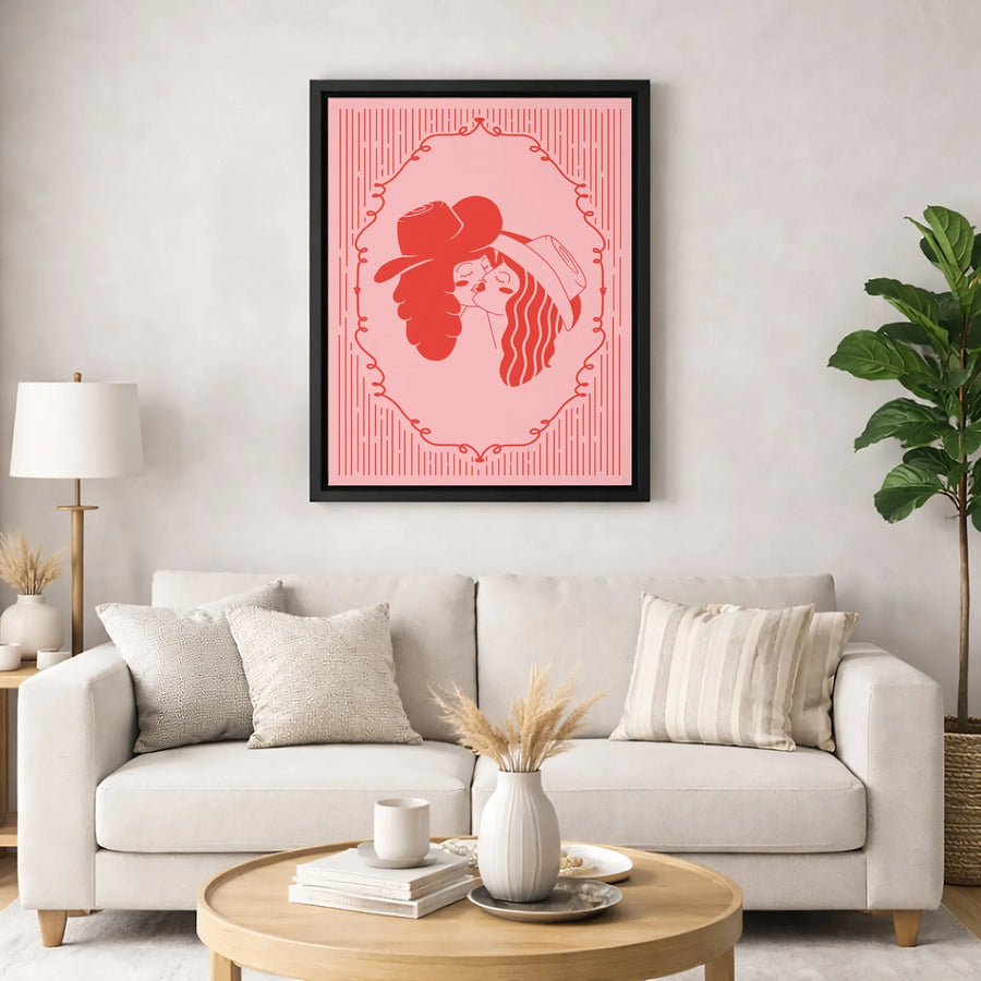 Two Kissing Cowgirls Canvas Wall Art | Romantic Western Line Art Print | Premium 1.25" Gallery Wrap | LGBTQ+ Pride Home Decor Gift