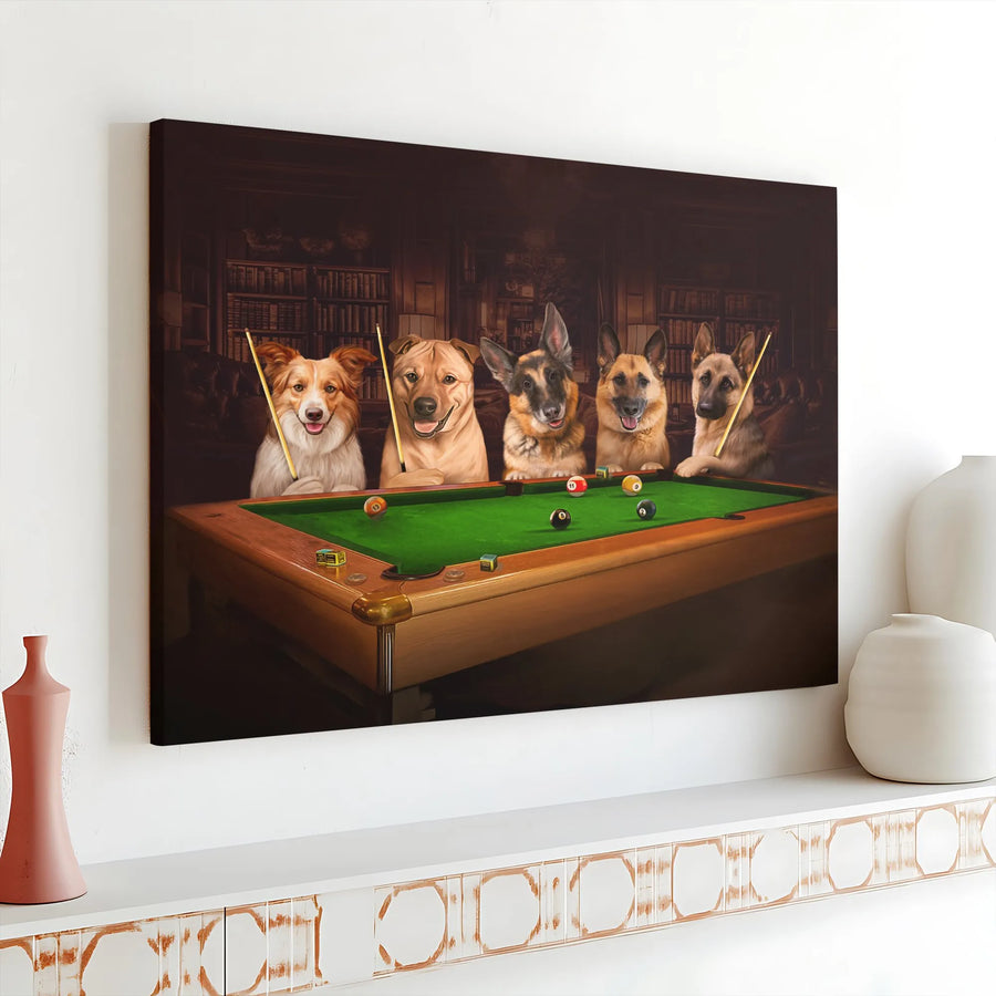 Dogs Playing Pool Canvas Print | Whimsical Billiards Room Wall Art | Premium Gallery Wrapped Decor | Unique Dog Lover Gift