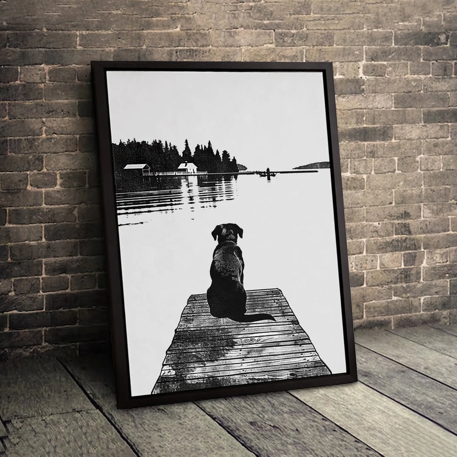 Dog on Dock Canvas Art | Lake Landscape Silhouette | Premium 1.25 Inch Gallery Wrap | Wildlife Nature Wall Decor for Dog Lovers