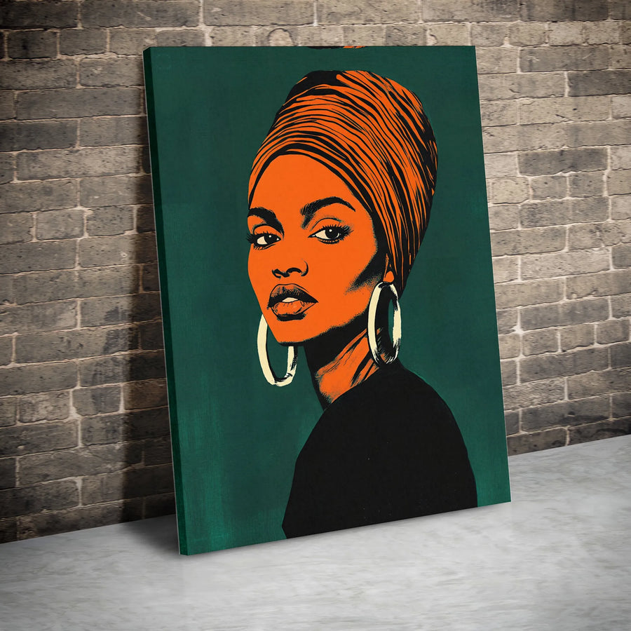 African American Woman Portrait Canvas | Modern Afrocentric Headwrap Art | Gallery-Quality Fade-Resistant Print | Elegant Home Office Decor Gift