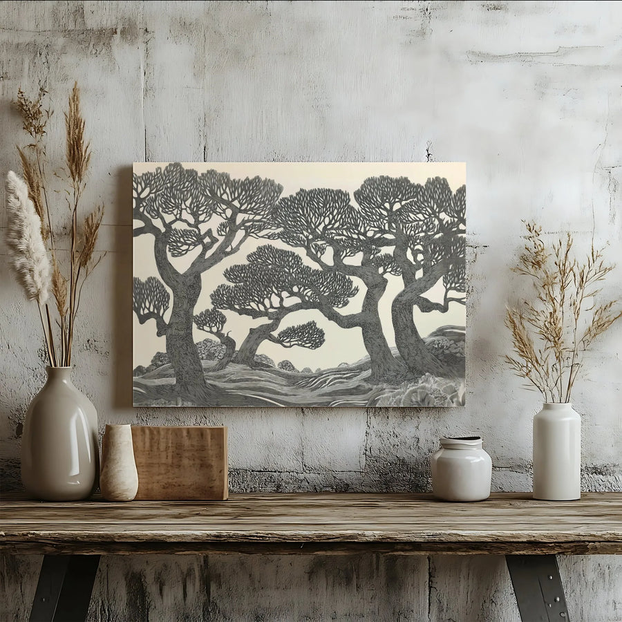 Gnarled Tree Landscape Canvas Wall Art | Woodcut Style Nature Print | Premium 1.25” Gallery Wrap | Modern Home Office Decor