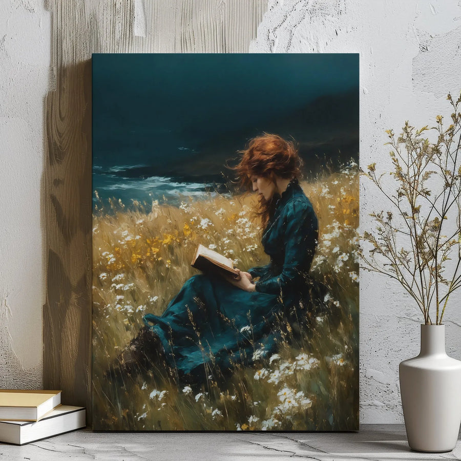 Woman Reading Book Canvas Wall Art | Moody Wildflower Meadow Landscape | Premium Gallery Wrap Print | Romantic Cottagecore Home Decor Gift