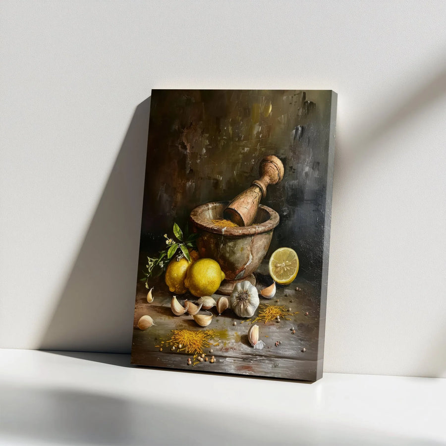 Rustic Kitchen Canvas Wall Art | Classic Still Life with Spices & Lemon | Premium Thick Gallery Wrap | Dining Room Decor Gift for Foodie