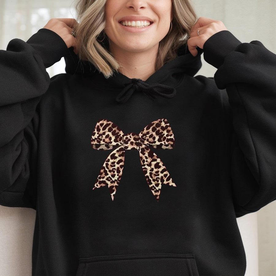 Leopard Print Bow Hoodie | Aesthetic Coquette Aesthetic Graphic Sweatshirt | Cotton-Polyester Blend | Trendy Women's Gift for Her