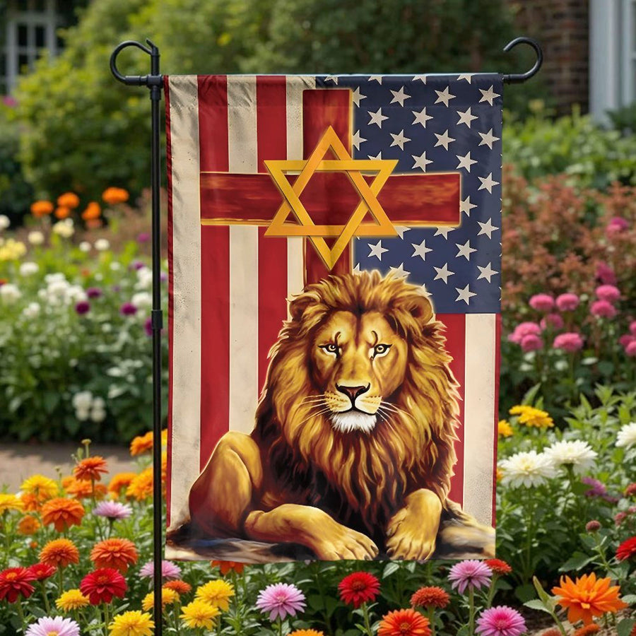Lion of Judah American Garden Flag | Religious Cross & Star of David Patriotic Decor | Durable Weather-Resistant Polyester | Faith-Based Outdoor Yard Sign Gift