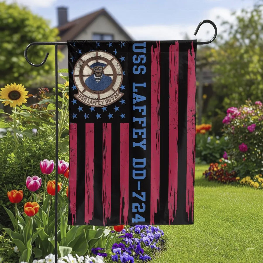 USS Laffey DD-724 Destroyer Garden Flag | Distressed Patriotic Navy Ship Crest Design | Weather-Resistant Premium Polyester | Veteran Gift, Military Memorial Outdoor Decor