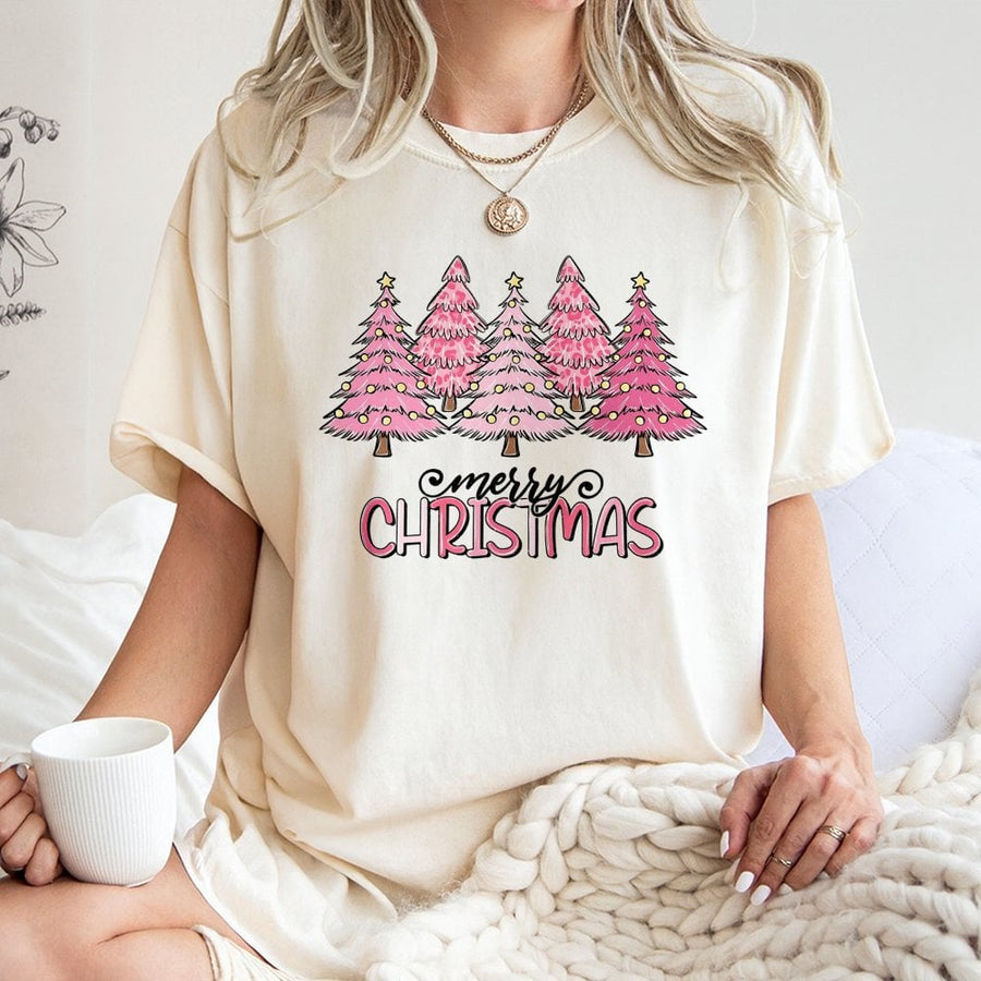 Merry Christmas T-Shirt | Pink Leopard Print Holiday Trees | 100% Cotton Premium Tee | Cute Festive Gift for Women & Girls