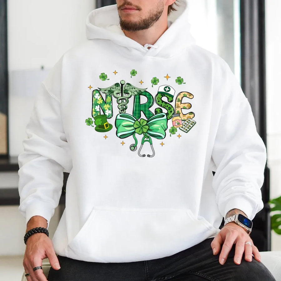 Nurse St Patrick's Day Hoodie | Lucky Shamrock Medical Graphic Print | Premium Cotton Blend | Gift for Registered Nurses and Nursing Students