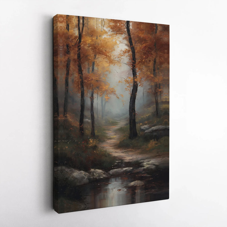 Autumn Forest Canvas Wall Art | Misty Woods Path Painting Print | Premium Gallery Wrapped Canvas | Rustic Home Decor Gift