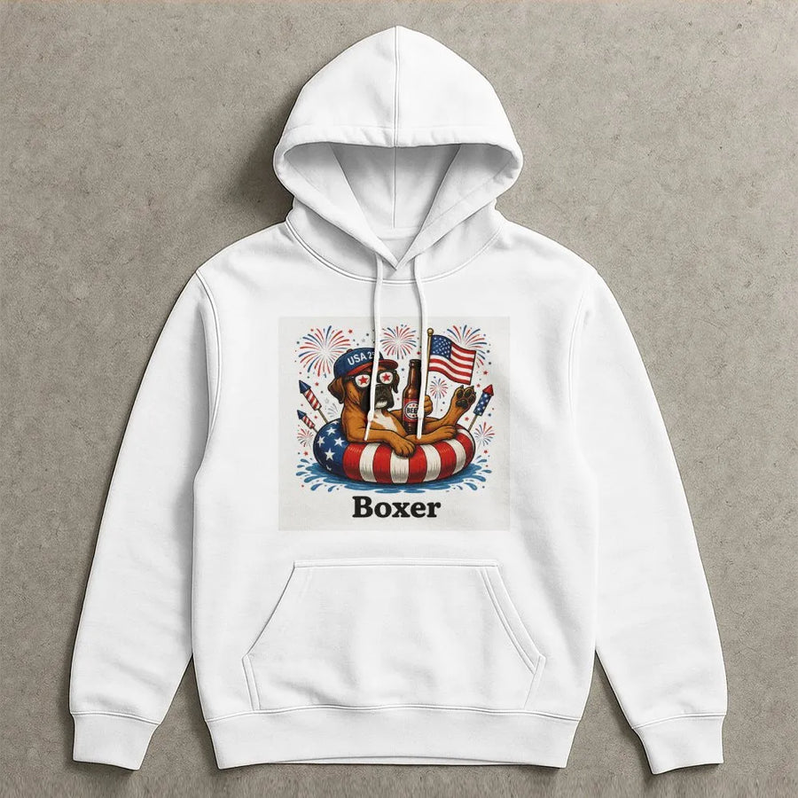 Patriotic Boxer Dog Hoodie | Funny USA Flag Fireworks Design | Soft Cotton Unisex Tee | Gift for Boxer Mom Dad