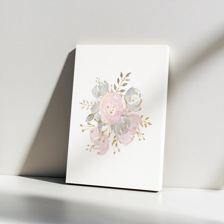 Watercolor Floral Canvas Wall Art | Pink and Grey Bouquet with Gold Glitter Accents | 1.25 Inch Gallery Wrap | Elegant Home Decor Gift