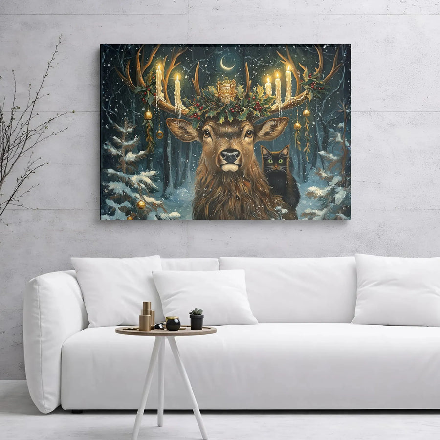 Christmas Deer Wall Art | Snowy Forest Black Cat & Candle Antler Decor | Premium Gallery Wrapped Canvas | Whimsical Winter Holiday Gift