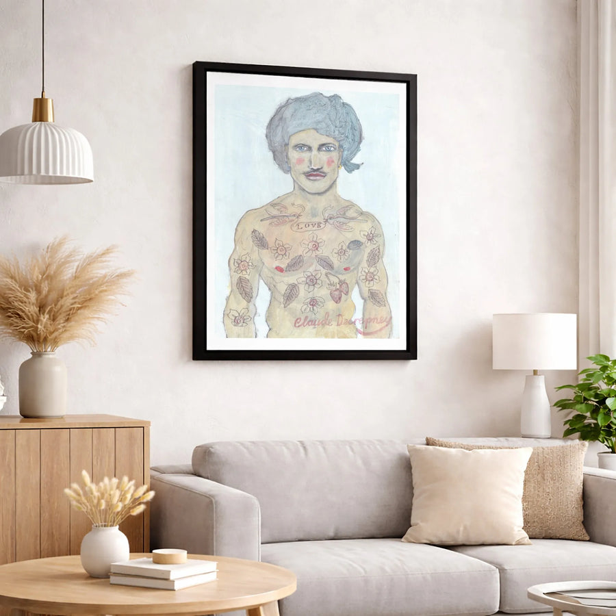 Tattooed Man Portrait Canvas Print | Floral Bohemian Wall Art | Premium Gallery Wrapped Decor | Quirky Eclectic Home Gift