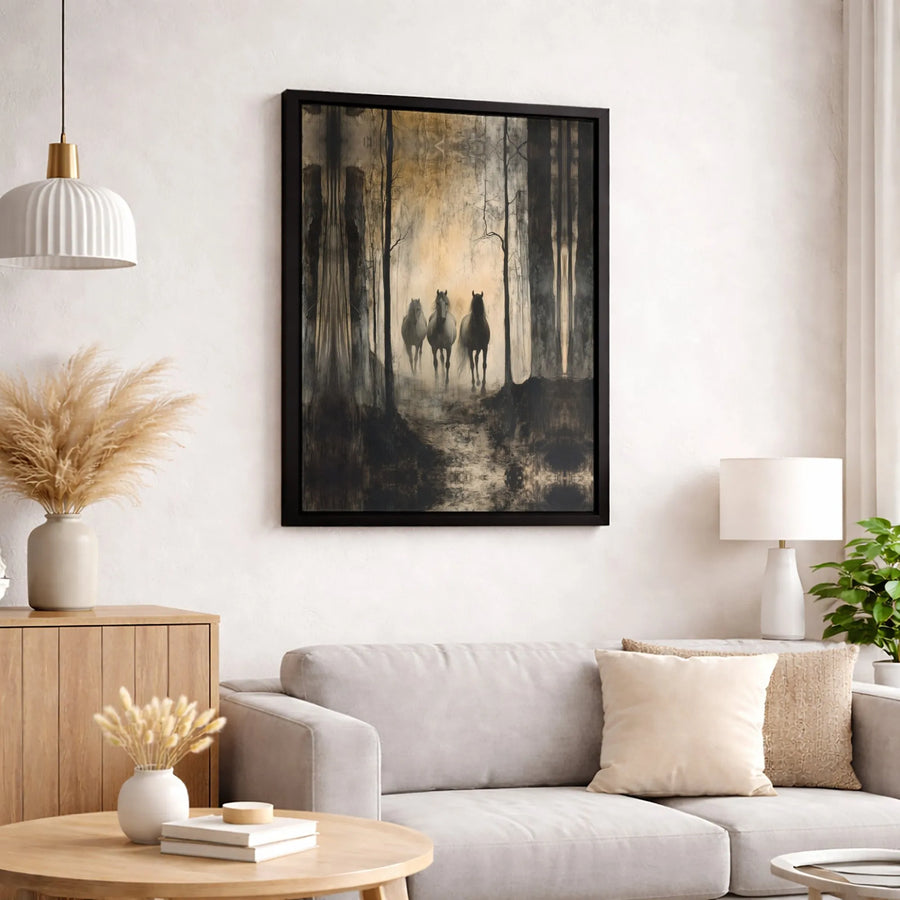 Three Horses Canvas Wall Art | Misty Forest Abstract Equine Print | Premium Gallery Wrapped Canvas | Farmhouse Equestrian Home Decor Gift