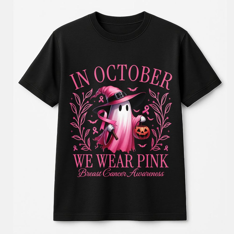 In October We Wear Pink Ghost T-Shirt | Halloween Breast Cancer Awareness Graphic | 100% Cotton Premium Tee | Support Survivor Gift