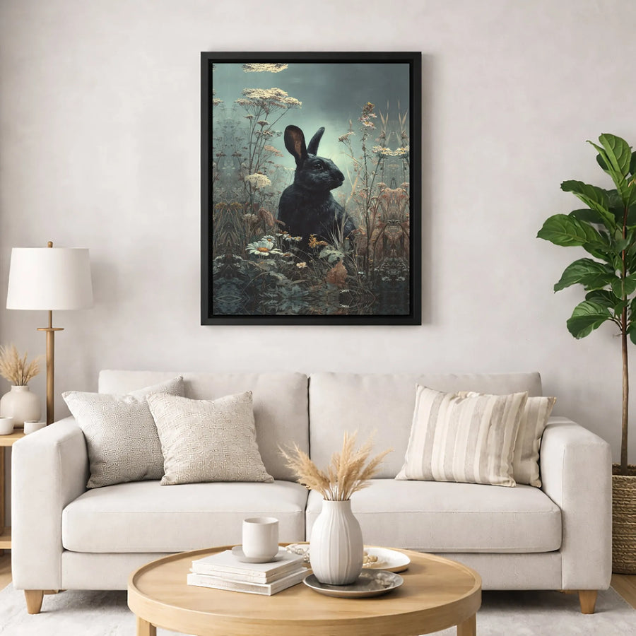 Black Rabbit Wall Art | Moody Wildflower Meadow Canvas Print | Premium Gallery-Wrapped Decor | Nature-Inspired Home Gift for Animal Lovers