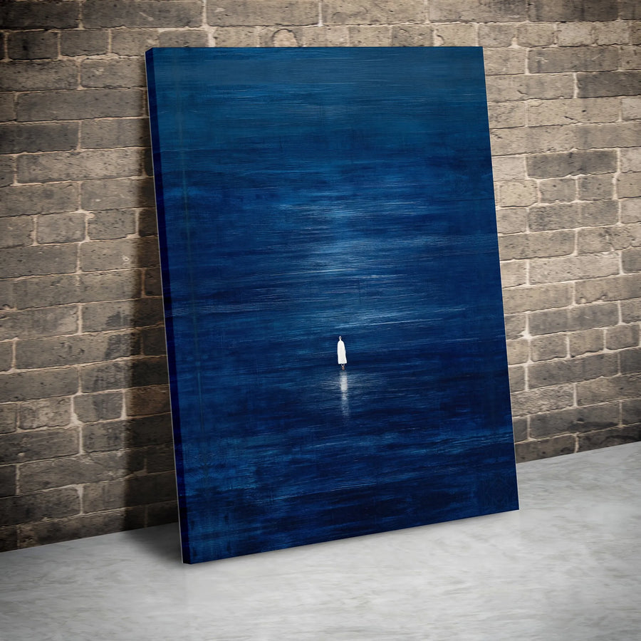 Abstract Ocean Canvas Wall Art | Minimalist Lone Figure on Deep Blue Sea | Premium Gallery Wrapped Canvas | Modern Zen Wall Decor Gift