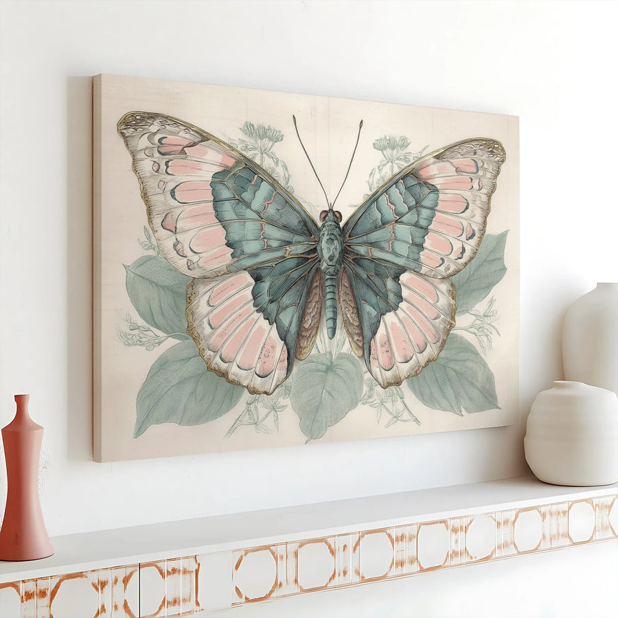Vintage Butterfly Canvas Print | Botanical Pink and Teal Wall Art | Premium Gallery-Wrapped 1.25" Frame | Nature Lover Home Decor Gift