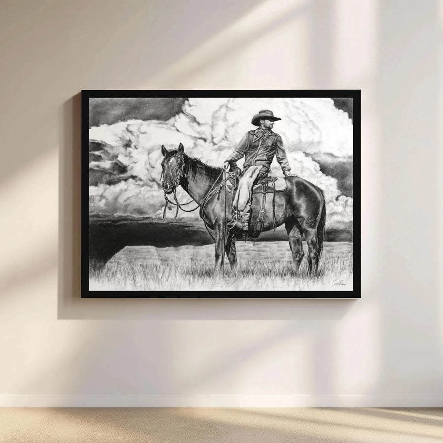Western Cowboy on Horseback Wall Art | Charcoal Pencil Drawing Style | Premium Gallery Wrap Canvas | Rustic Home Decor Gift for Him