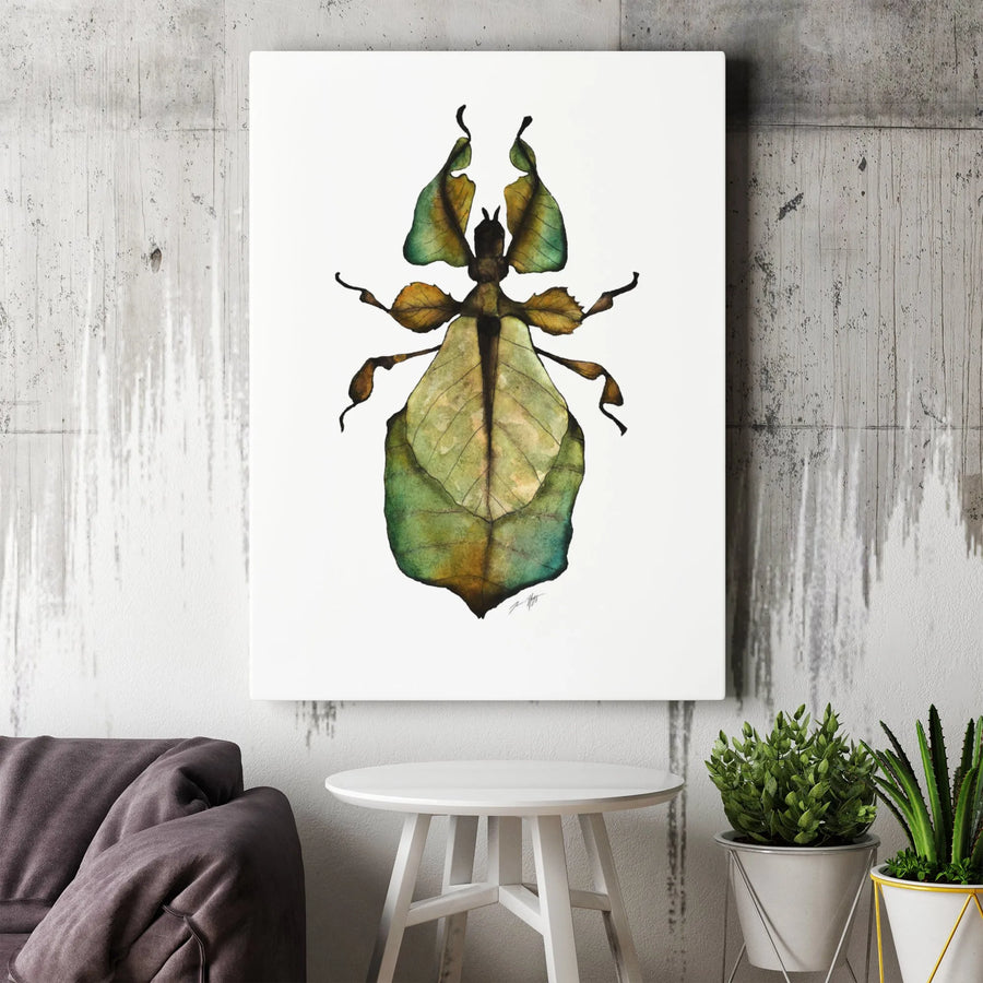 Leaf Insect Wall Art | Botanical Watercolor Illustration | Gallery Quality Premium Canvas | Nature Decor Print for Entomology Lovers