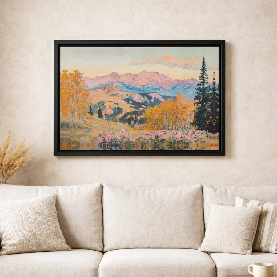Mountain Landscape Canvas Print | Impressionist Autumn Forest and Pink Flowers | 1.25-Inch Premium Gallery Profile | Nature Wall Art for Home Decor