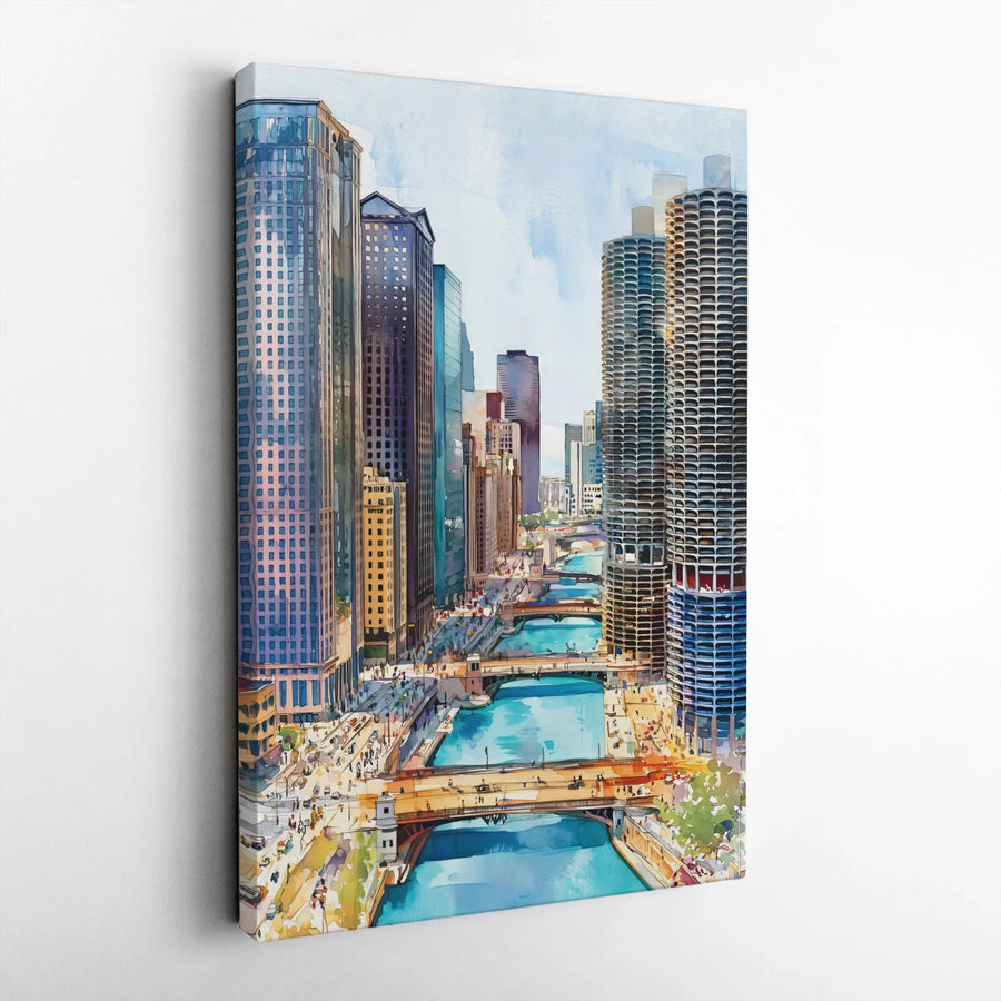 Chicago River Skyline Canvas Art | Watercolor Cityscape Architecture Print | Premium Gallery Wrapped Wall Decor | Gift for Illinois Travel Lovers