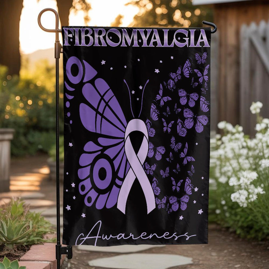 Fibromyalgia Awareness Garden Flag | Purple Butterfly Ribbon Design | Durable Premium Polyester | Support & Advocacy Outdoor Decor Gift