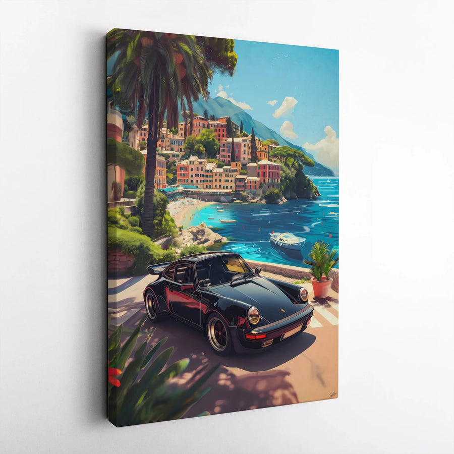 Vintage Sports Car Canvas Wall Art | Italian Riviera Coastal Scene | Premium 1.25 Inch Gallery Wrap | Luxury Car Enthusiast Gift