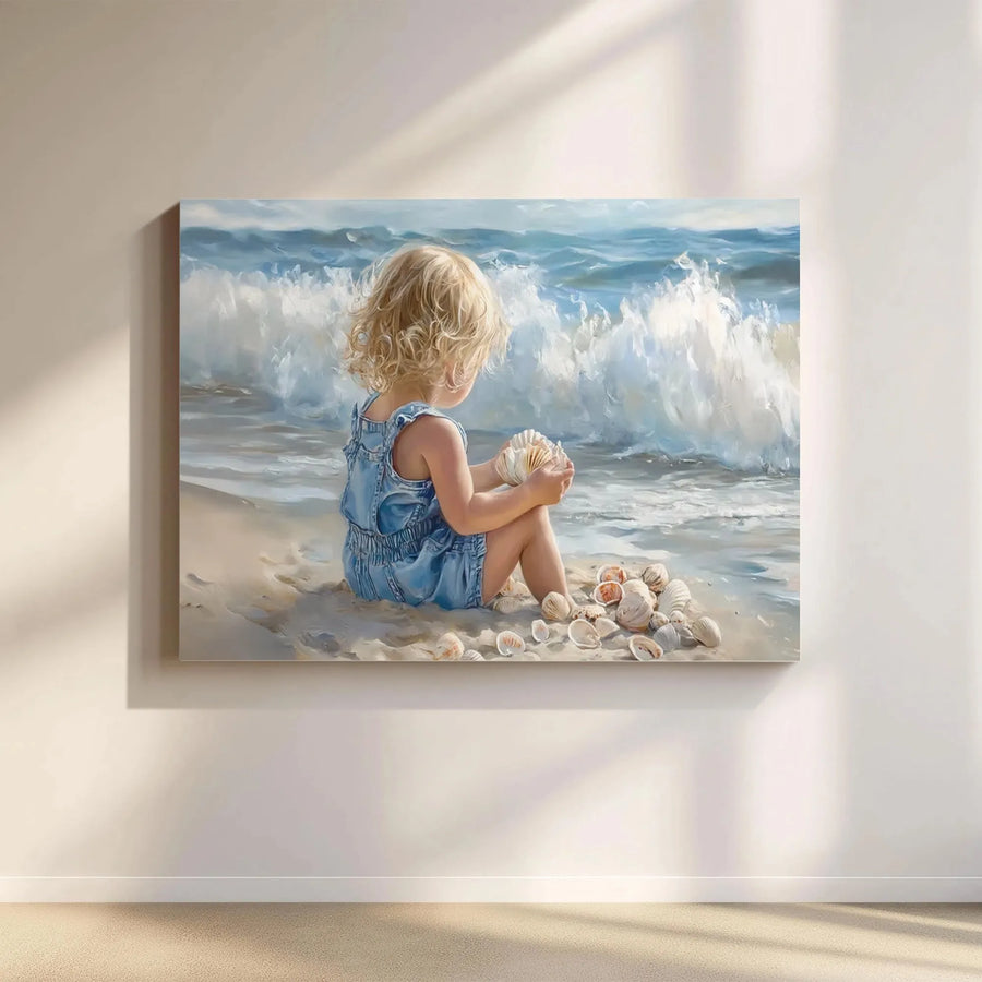 Little Girl Shell Collector Canvas Print | Coastal Beach Nursery Wall Art | 1.25-Inch Gallery Wrap | Premium Fade-Resistant Decor