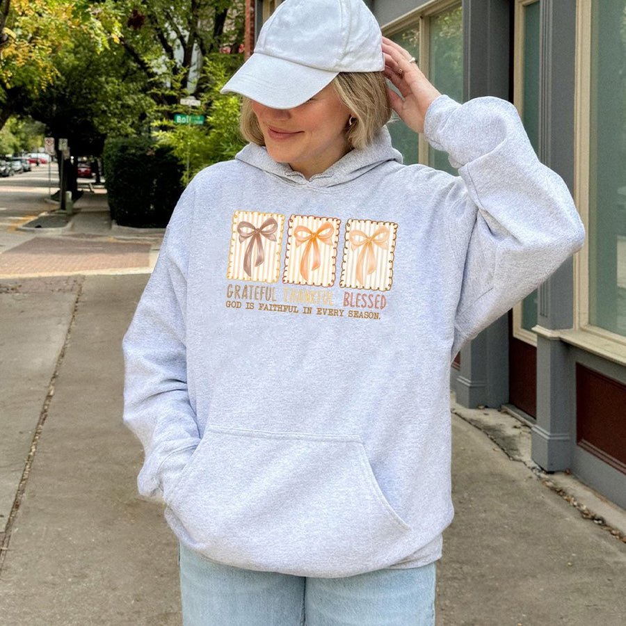 Grateful Thankful Blessed Hoodie | Aesthetic Bow Graphic Coquette Style | Premium Cotton Blend Sweatshirt | Christian Faith Gift for Her