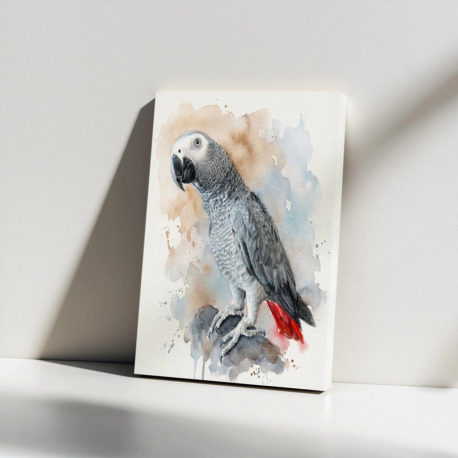 African Grey Parrot Wall Art | Watercolor Bird Portrait Print | Premium Gallery Wrap Canvas | Gift For Parrot Owners And Bird Lovers