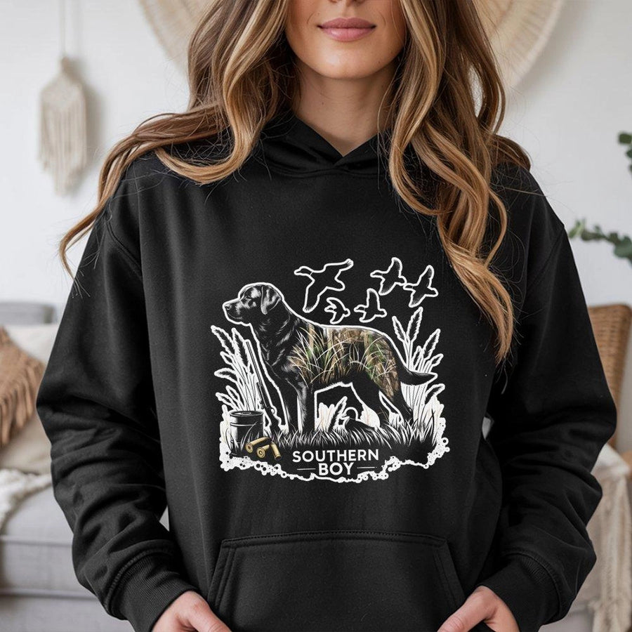 Southern Boy Duck Hunting Hoodie | Black Lab Camo Graphic | Premium Cotton Blend | Gift For Country Hunters And Outdoorsmen