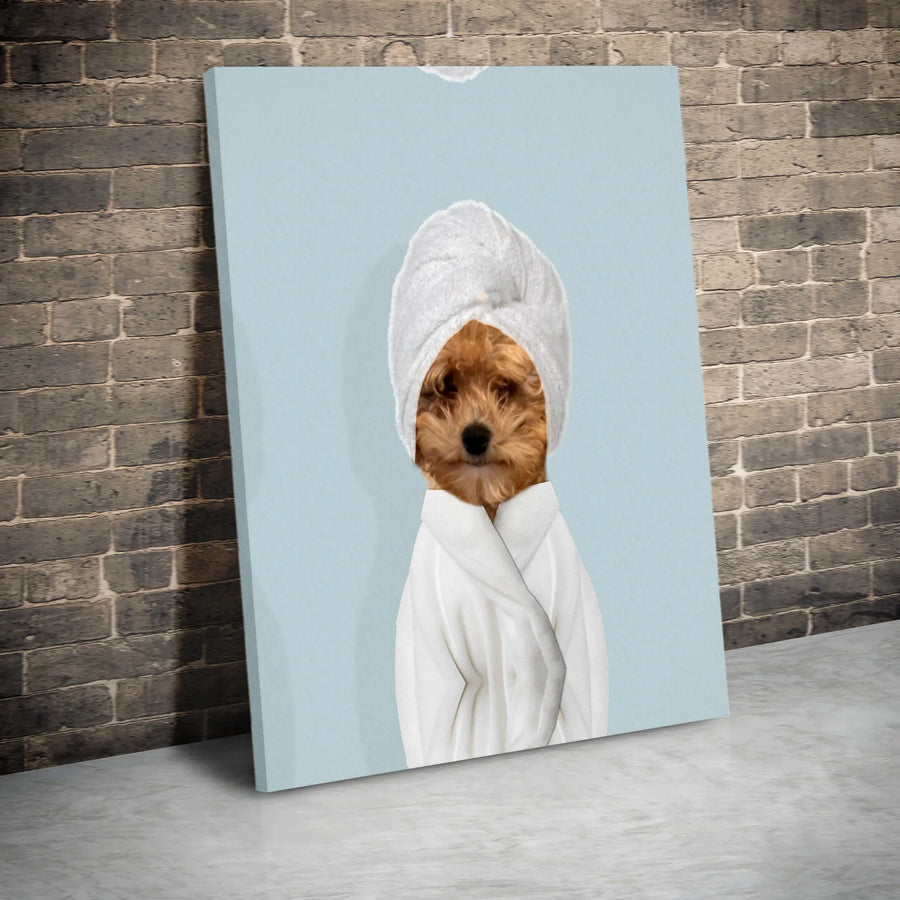 Dog in Spa Robe Wall Art | Funny Puppy Portrait in Bathrobe | Premium Gallery Wrapped Canvas | Whimsical Bathroom Decor Gift for Dog Lovers