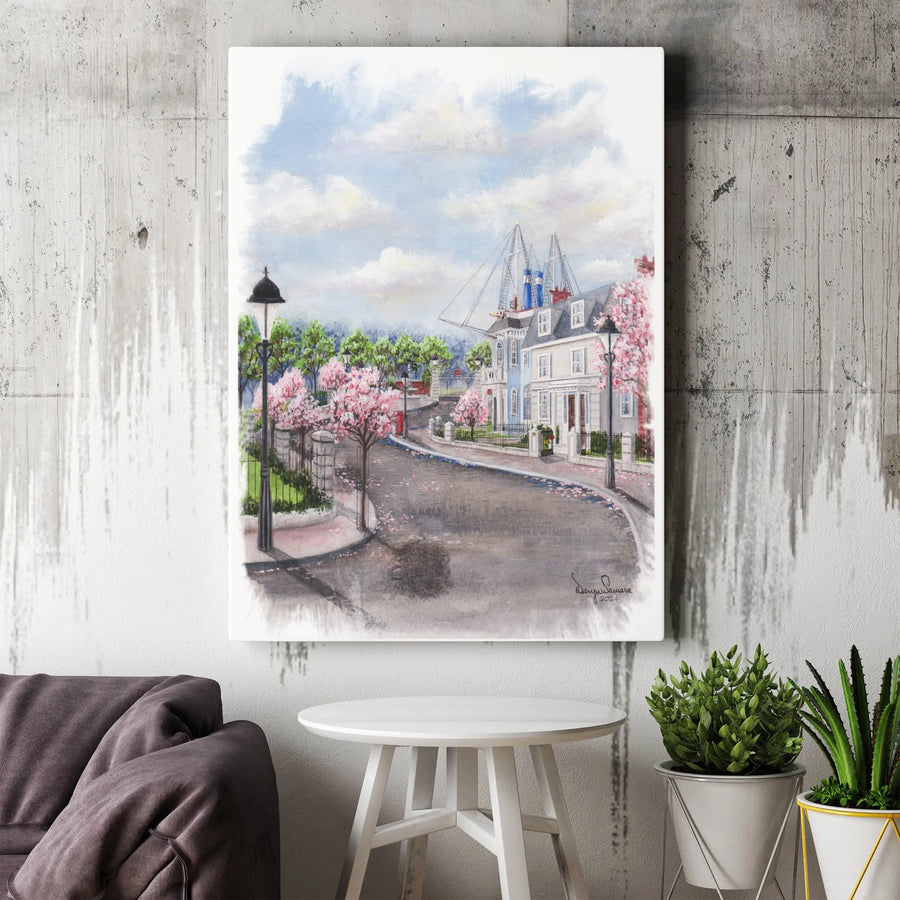 Cherry Blossom Street Canvas Art | Watercolor Coastal Town Scene | Premium Gallery Wrap Print | Spring Home Decor Wall Hanging