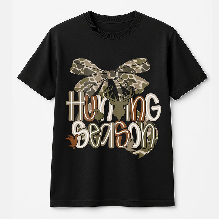 Hunting Season T-Shirt | Camo Coquette Bow Deer and Duck Design | 100% Cotton Premium Tee | Trendy Outdoor Gift for Women and Hunters
