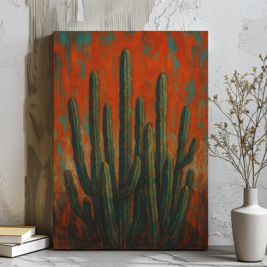 Southwestern Cactus Canvas Wall Art | Abstract Desert Rust and Teal Painting | 1.25-Inch Gallery Wrap | Premium Modern Home Decor