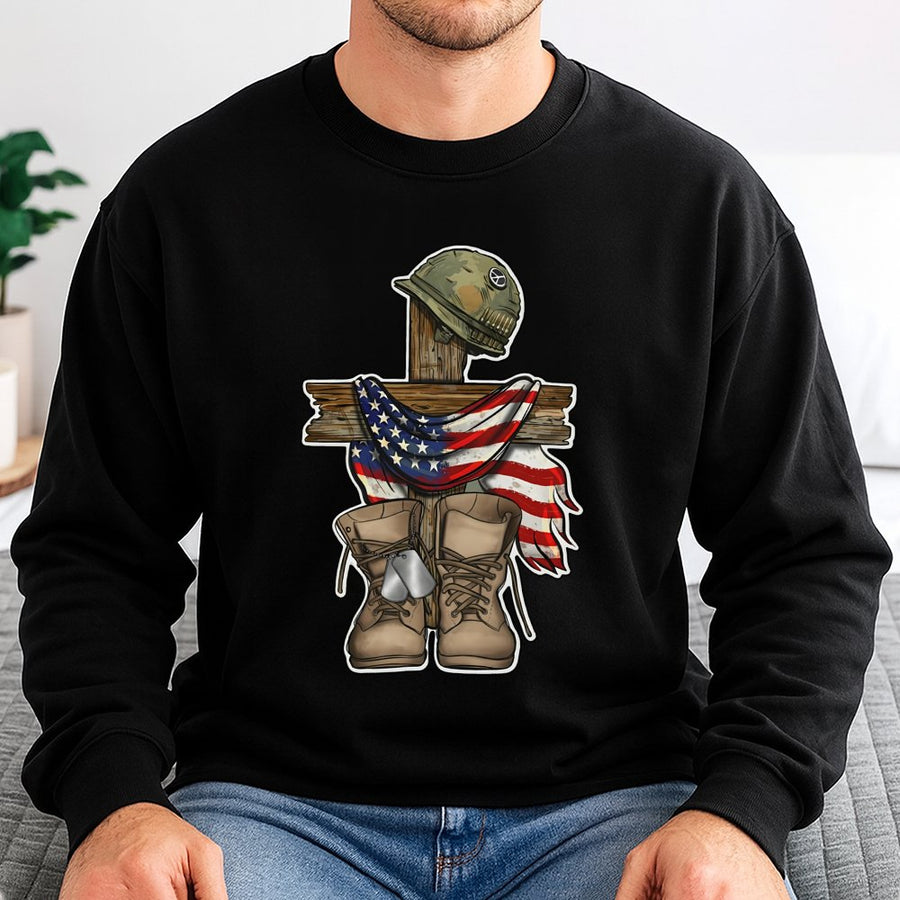 Veterans Day Sweatshirt | Patriotic Military Memorial Cross & Boots | Premium Cotton Blend | Gift For Patriot Veteran Or Active Duty Soldier