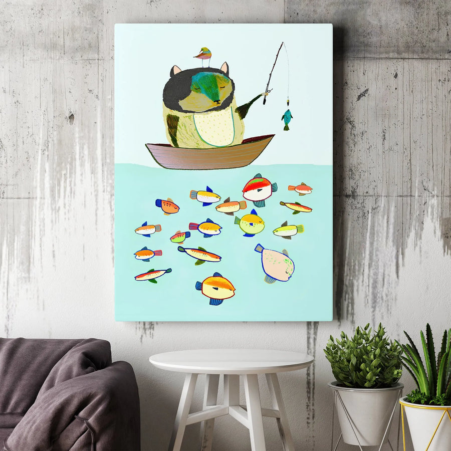 Whimsical Cat Fishing Canvas Wall Art | Colorful Nautical Animal Illustration | Premium Gallery Wrapped Print | Cute Nursery Or Office Decor Gift