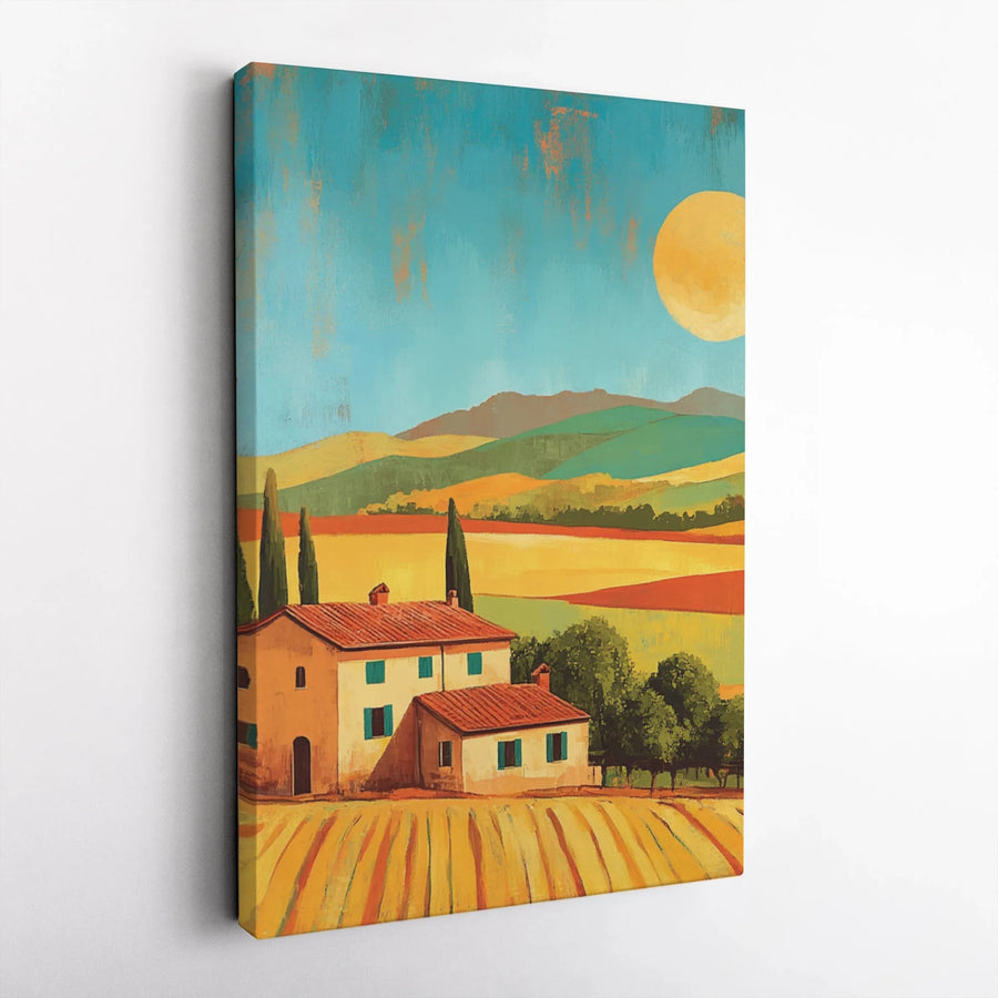 Tuscan Landscape Vertical Canvas | Modern Italian Villa Painting | Premium Frameless Print | Living Room Wall Decor Housewarming Gift