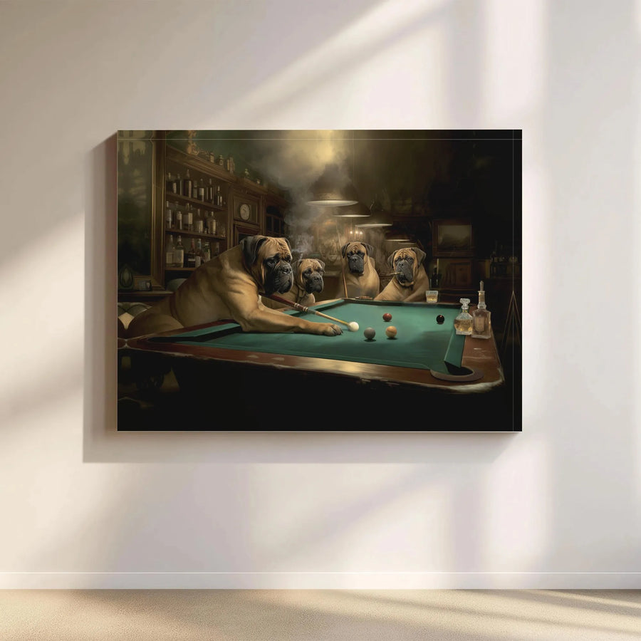 Dogs Playing Pool Canvas Wall Art | Funny Bullmastiff Billiards Painting | Premium Canvas Print | Gift for Him, Man Cave Bar Decor