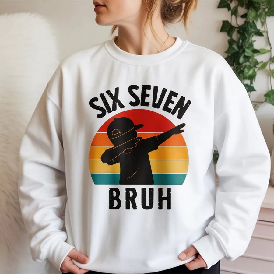 Six Seven Bruh Sweatshirt | Retro Dabbing Kid Graphic | Premium Cotton Blend Crewneck | Funny Youth Slang Gift for Boys and Teens