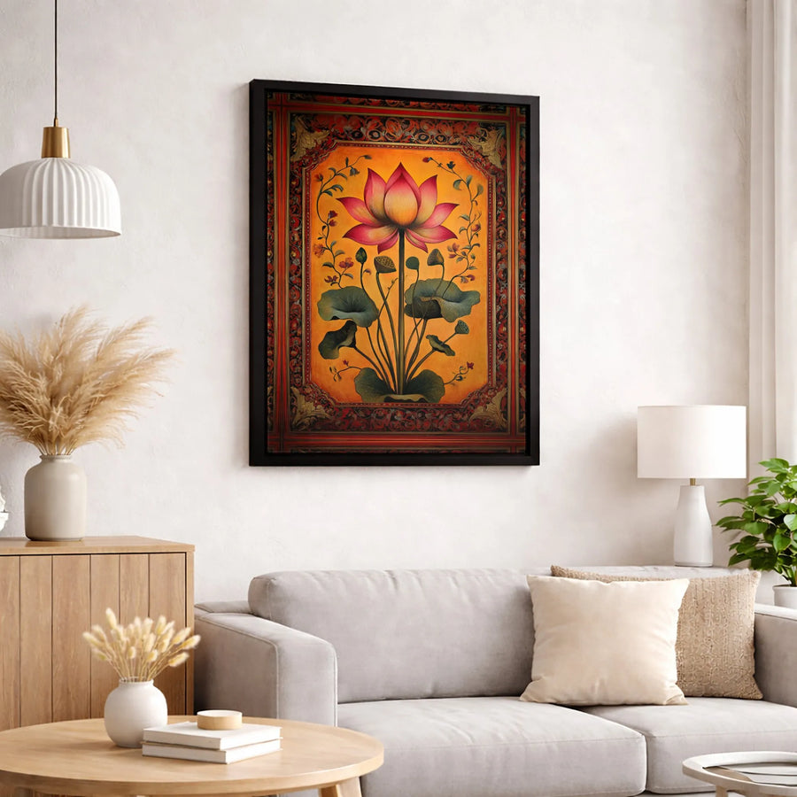 Lotus Flower Wall Art Canvas | Traditional Indian Floral Botanical Print | Premium Fade-Resistant Gallery Wrap | Elegant Home Office Decor Gift