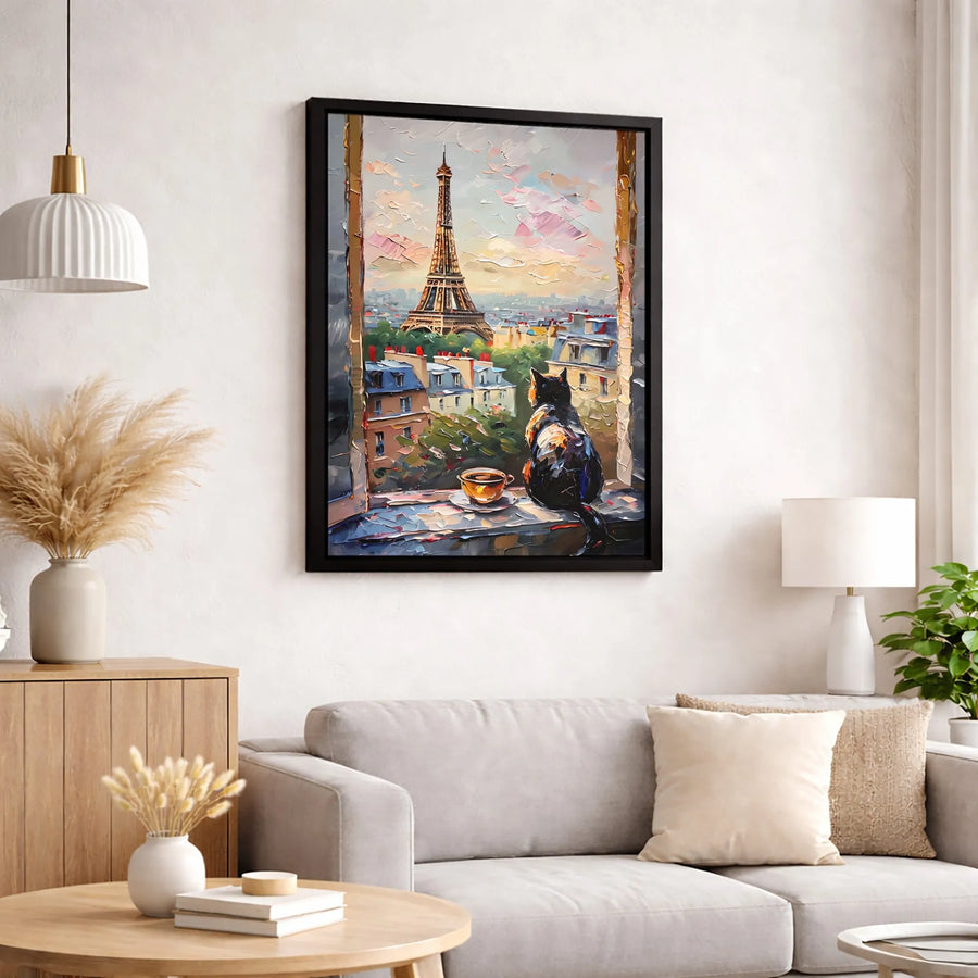 Eiffel Tower Paris Canvas Print | Cat on Windowsill Oil Painting Style | Premium Gallery Wrapped Wall Art | Romantic Travel Decor Gift for Her