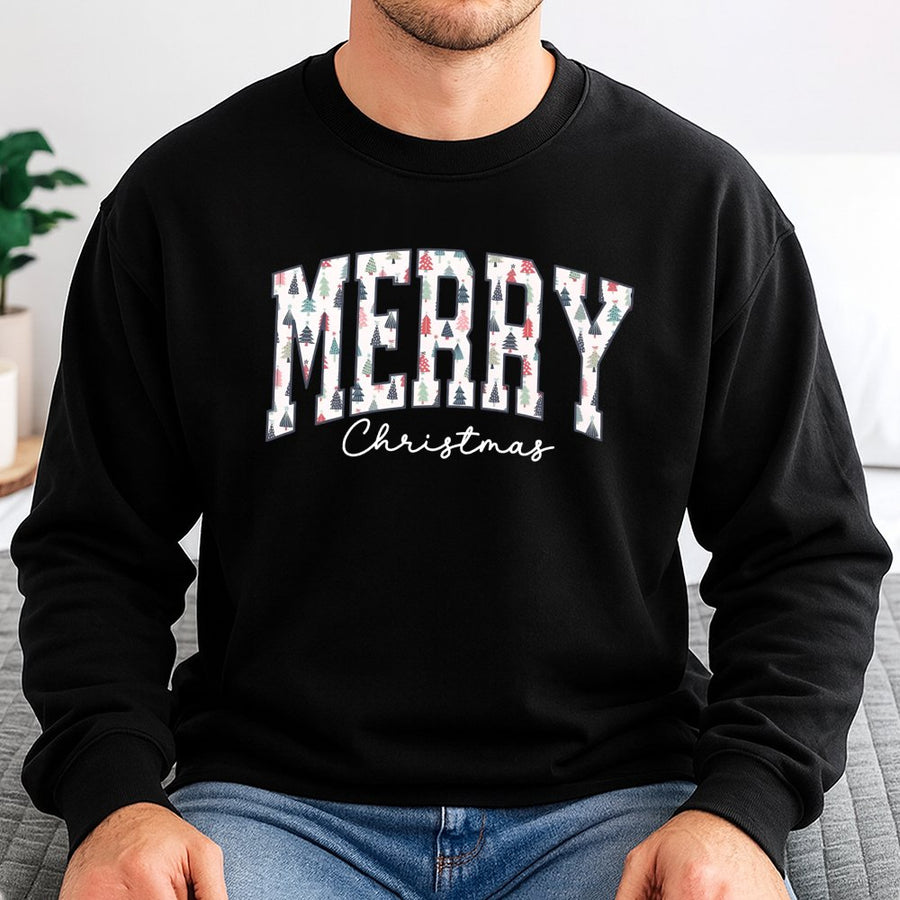 Merry Christmas Sweatshirt | Varsity Letter Tree Print Design | Premium Cotton Polyester Blend | Cozy Holiday Gift for Women and Men