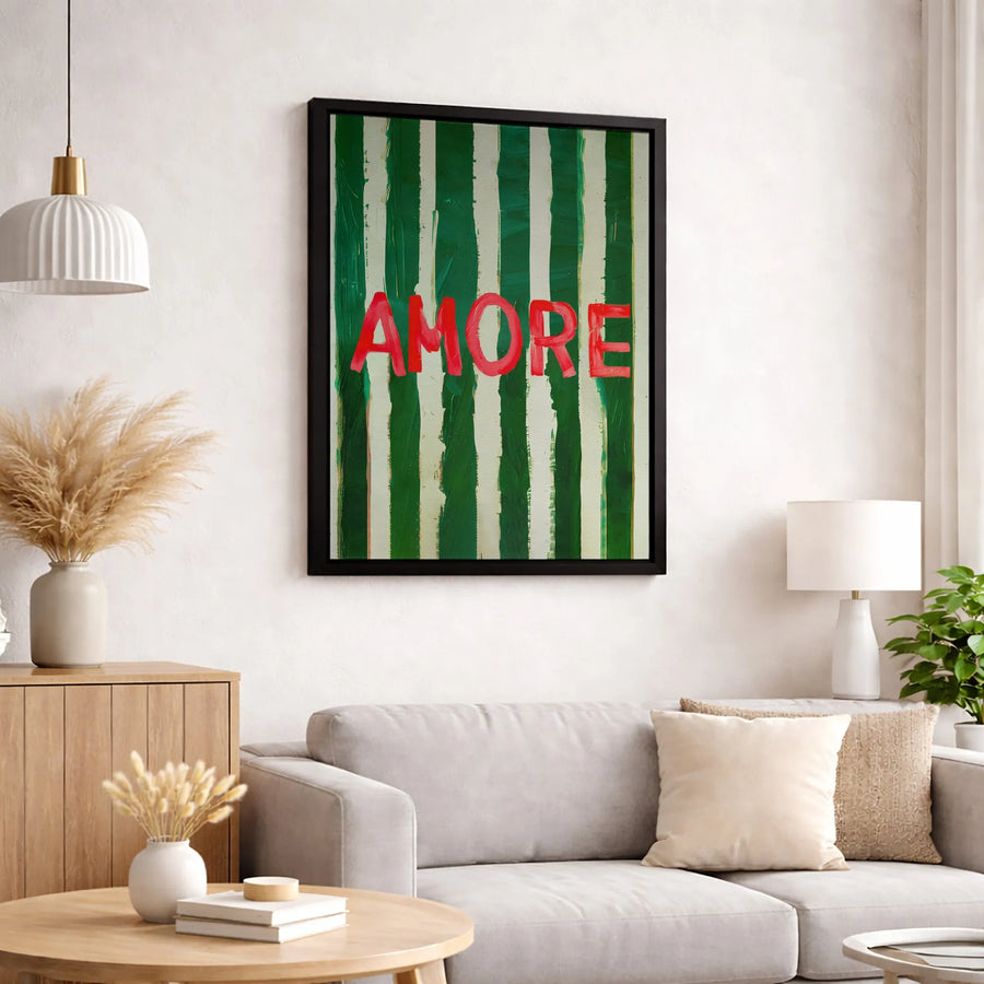 Amore Canvas Wall Art | Red Typography Green Striped Print | Gallery Quality 1.25" Thick Frame | Romantic Home Decor Gift