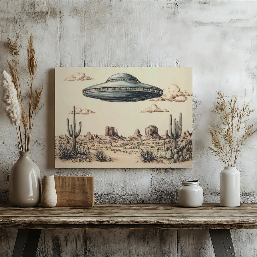 Retro UFO Desert Horizontal Canvas | Vintage Flying Saucer Landscape Sketch | Premium 1.25-Inch Gallery Wrap | Cool Alien Sci-Fi Wall Art Gift for Home Office